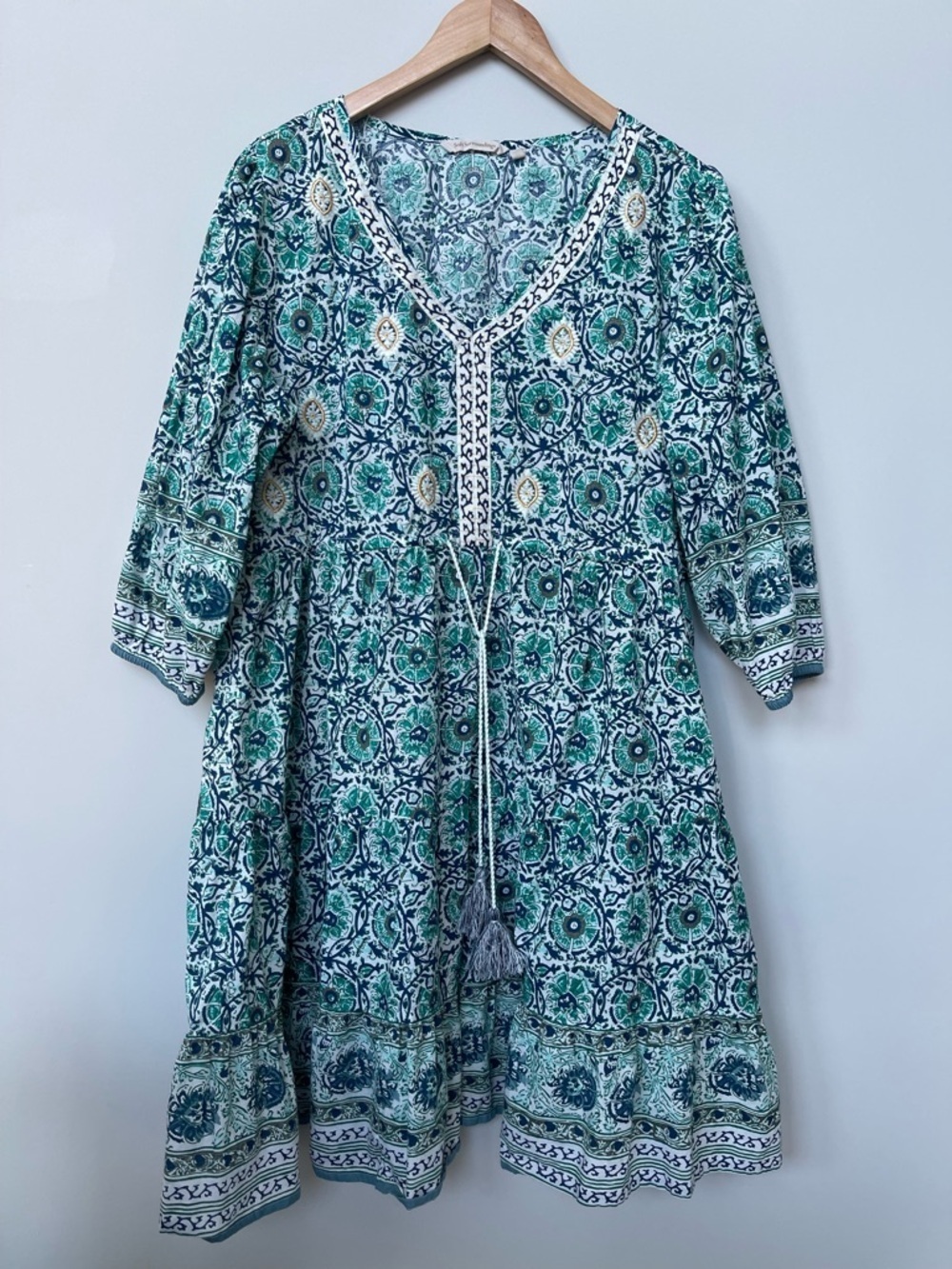 Soft Surroundings | Nerissa Fit & Flare Cotton Boho Dress Tassels Embroidery